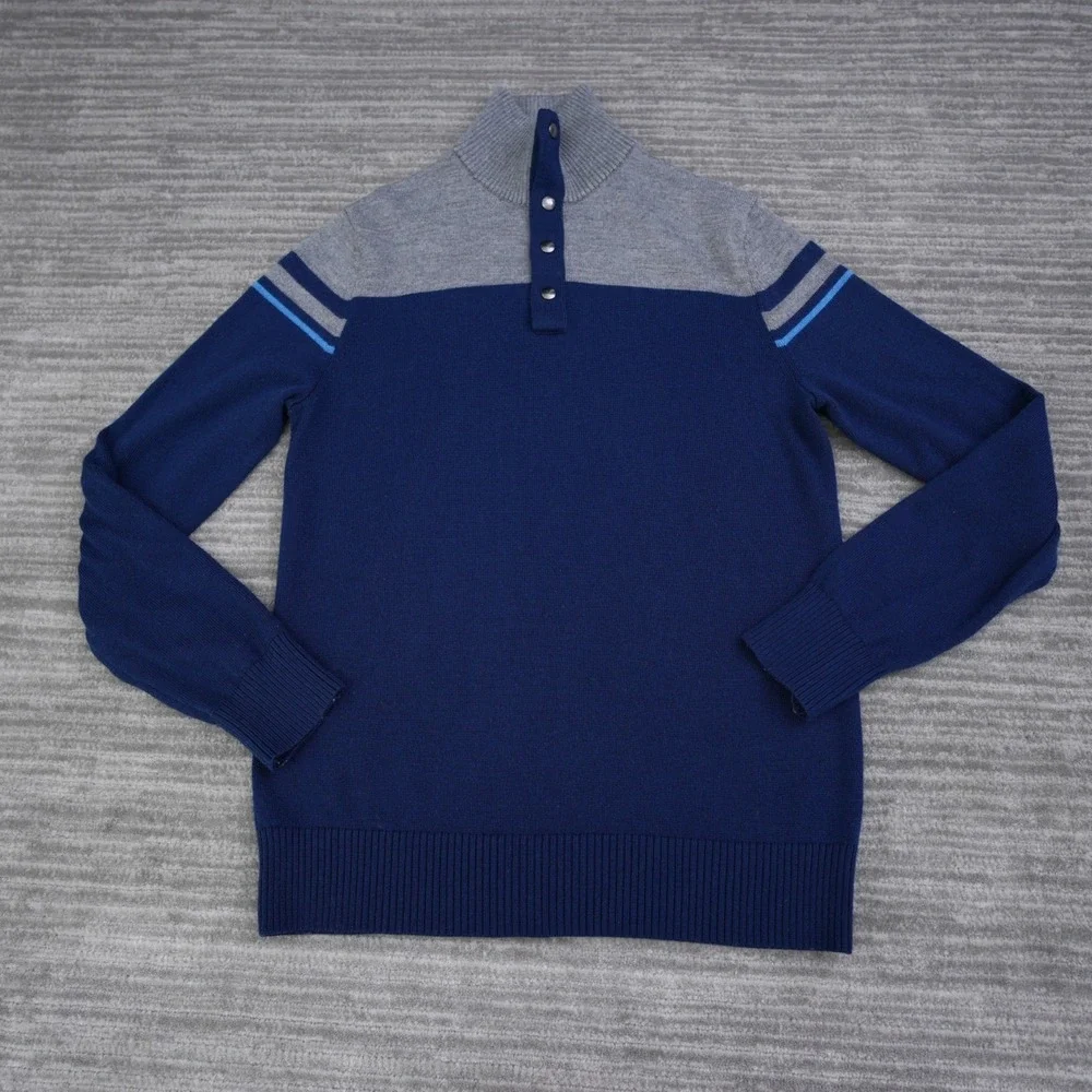 Banana Republic Sweater Mens Quarter Zip Wool Blend Blue Gray Snap Button Tall L